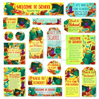Back to school tag and label set for new school year celebration. School supplies banner with pencil, book and paint, chalkboard, globe and calculator, microscope, backpack and autumn fallen leaf