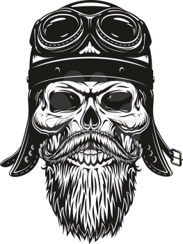 Skull of motorbike racer in leather helmet and goggles with beard and moustache for t-shirt print design. Biker skull or motorcycle rider sketch for tattoo or motor club emblem