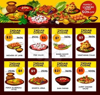 Indian cuisine restaurant menu. Chicken curry, vegetarian rice, vegetable and fish salad, grilled lamb, crispy fried dough with sauce and baked fish