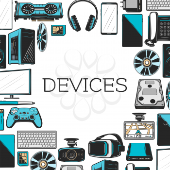 Electronics devices with computer and mobile digital gadgets frame. Monitor, laptop and keyboard, web camera, telephone and video game joystick, headphones, loudspeaker and hard disk