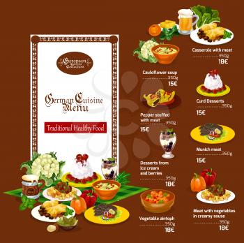 German cuisine restaurant menu. Dessert and beer drink, beef steak, meat casserole and cream cheese pasta dish, stuffed pepper, cabbage soup and ice cream with fruits