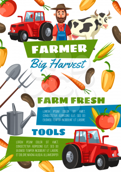 Cartoon happy farmer, veggies, tractor and farm cow. Natural potato, tomato, pepper, carrot, corn vegetables. Gardening tools watering can, forks and shovel. Agriculture and farming industry theme