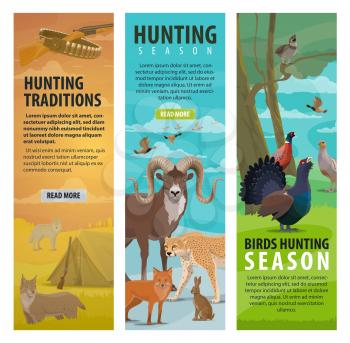 Hunting sport, wild animal, bird and equipment. Duck, african safari jaguar and forest wolf, lynx, fox and hare, grouse, pheasant and quail, huntsman rifle, gun and cartridge belt. Vector illustration
