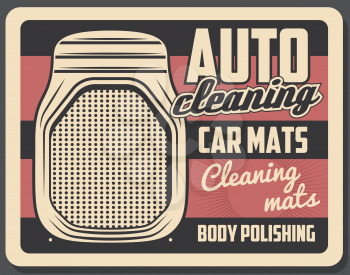 Automobile floor mats or rubber carpet. Car part and accessory shop. Vintage advertising, car service and mechanic garage vector elements