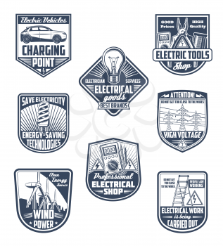 Electricity supply, electric service and energy saving vector icons. Electric tools, green power technology and electrician work shield for emblem design