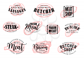 Vector butcher shop labels. Sausage and meat hand drawn lettering. Beef steak, pork sausage and ham, salami, bacon and smoked frankfurter, chicken bologna and wurst sketch