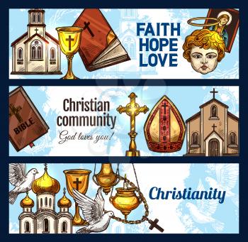 Christianity religion banners, christian church objects. Cross, God and Jesus Christ, holy Bible, catholic rosary and church building, crucifix, dove and angel, mirte and candelabra