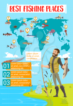 Fishing place vector infographics. World map of fishing spot with fish and seafood pointers, step chart and graph with fisherman, rod and catch fish, salmon, tuna and blue marlin, octopus and lobster