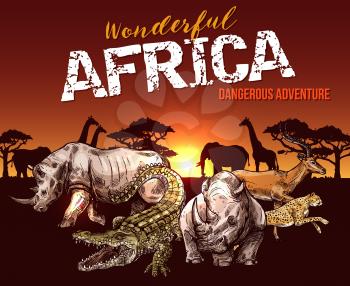 African animals. Elephant, giraffe and rhino, crocodile, jaguar and antelope sketch banner with sunrise over savannah nature landscape. Safari adventure tour and hunting sport design.
