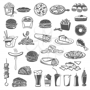 Fast food lunch snack, drinks and desserts isolated icons. Burger, hamburger and pizza, hot dog, fries and egg sandwich, chicken nuggets, coffee and donut, soda, taco, burrito and nacho