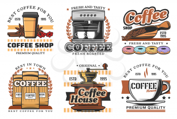 Coffee shop retro icons with hot drink and beverage. Cup of espresso, cappuccino and latte, coffee machine, grinder and paper package isolated icon with coffee bean and donut