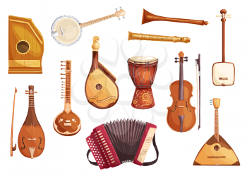 Folk music instruments watercolor icons of string, wind and percussion. Ethnic sitar, balalaika and djembe drum, banjo, viola and flute, zither, accordion, shamisen and bandura symbols