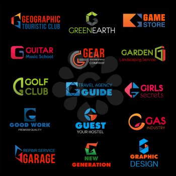 Letter G brand identity or company corporate design in tourism club or green earth ecology and game store. Vector G symbol of engineering, golf club or hostel and hotel and graphic design agency
