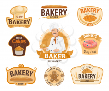Bakery or baker shop and patisserie icons. Vector isolated baker man in chef hat with wheat bread, bagel or croissant and bun, sweet chocolate donut or cupcake and gingerbread biscuit