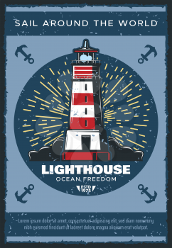 Lighthouse at sea or ocean vintage poster, seafarer safe sailing and travel adventure. Vector nautical retro design of ship safety light beacon, sailor navigation