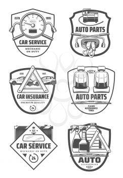 Car service or auto spare parts store icons. Vector tire pumping manometer and lug wrench, car seats and tow belt. Transport insurance or mechanic repair station theme