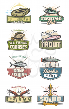 Fishing icons, professional fish catch or fisherman club and store. Vector design of crossed fisher rod, tackles and baits with hooks for flounder, shrimp or tuna