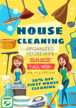 House cleaning service. Woman washing dishes on kitchen or mopping floor and clean with vacuum cleaner. Vector housewife with sponge and polisher or iron, detergent soap and broom