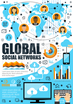 Global social network communication, infographic diagrams. Vector social nets statistics on world map user profiles flowchart for chat and file sharing in computers and smartphone web cloud