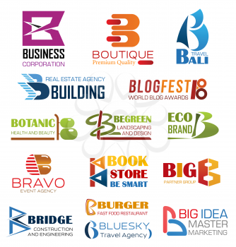 Letter B icons brand identity of business company and corporation design. Vector B set of premium quality boutique, travel agency or real estate and construction, eco building and marketing idea