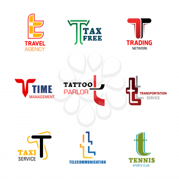 Letter T icons for company corporate or company identity, travel agency or tax free shopping and trade network. Vector letter T symbols for business management, tattoo salon or taxi transportation