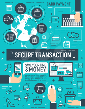 Secure transaction or online payment technology poster. Vector personal web data and credit card payment security for online shopping or banking services from computer or smartphone shop application