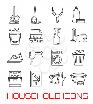 Household and home cleaning thin line icons. Vector symbols set of washing machine, vacuum cleaner or dishwasher and stove with detergent soap, water bucket or iron and glass polisher or garbage bin