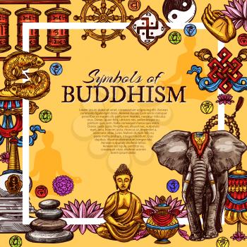 Buddhism religious symbols poster. Vector sketch design of golden Buddha monk statue in Zen meditation, Yin Yang sign on white elephant and lotus flowers with stupa shrine for Buddhist worship