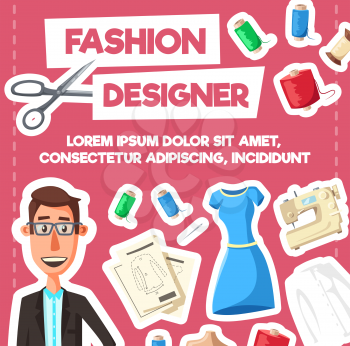 Fashion designer profession poster. Vector cartoon dressmaker or tailor man in glasses and suit with sewing machine, scissors or dress with thread and needles for fashion tailoring