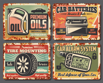 Car service and auto garage repair station posters with rust effect. Vector vintage design for premium engine oils change and battery mechanic and tire pumping or car alarm installation
