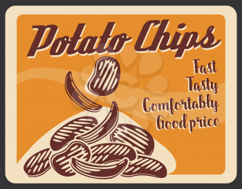 Potato chips fast food retro advertisement poster for restaurant or cinema bistro snacks menu. Vector vintage design of fried potato for fastfood delivery or takeaway cafe with dollar price