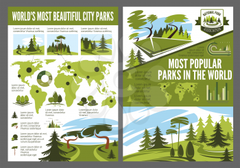 Landscape design company and national park association infographic. Vector statistics for horticulture planting on world map, diagrams and charts on trees and parklands landscaping and gardening