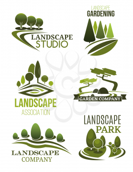 Landscape design icons, landscaping studio and gardening company theme. Green tree plant and lawn of park symbols for garden planning, city square maintenance and landscaping service. Vector