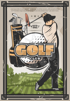 Golf player with ball, club bag and flag banner. Golf sport club retro poster. Golfer doing swing at green course. Sporting competition or tournament vintage vector design