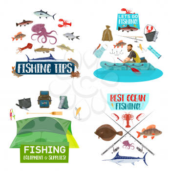 Fisherman with fishing equipment and fish catch symbols. Fisher, fishing rod and hook, bait, lure and tackle, boat and camp tent icons. Outdoor activity theme vector design