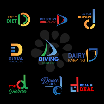 Business identity icons with letter D. Food, health and medicine, sport, delivery and farming company branding design. Modern corporate identity, business and emblem vector templates