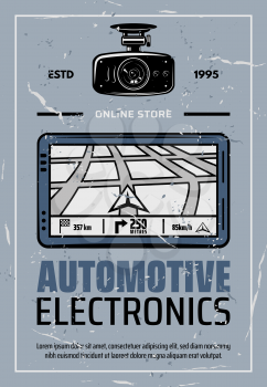 Navigator and DVR camera online store with car electronics retro poster. DVR and navigation on screen of tablet with road map. Navigation system for vehicles advertisement vector brochure