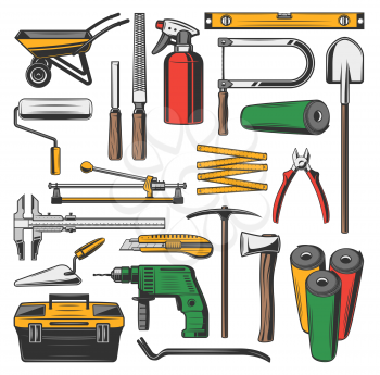 Repairing tools sketch icons. Metal cart and roll for paint, rulers and meter, sprayer and spade, ax and electric drill, kit and spatula, pick and wallpaper, hammer and nippers, chisel vector