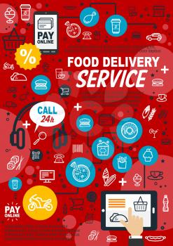Food delivery service, mobile device for fast order. Fast food and international cuisine icons, pay online vector signs of car and trolley, pizza and hamburger, desserts and discount