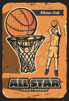 Basketball sport vector retro poster. All star championship, basketball player club for champions. Man throws ball into basket. National sport league, professionals, team game advertisement