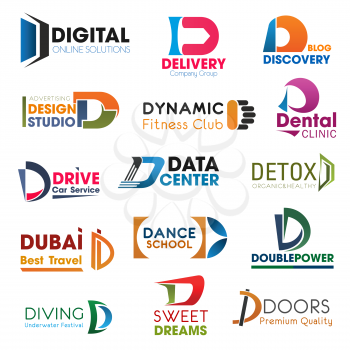 D letter icons and symbols, vector. Digital technology and delivery service, discovery and design studio, fitness, dental care and data center, doors shop and detox program, drive school identity