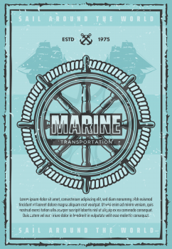 Marine transportation, big wooden helm and strong rope. Large old ship silhouettes on nautical leaflet. Sail around world unforgettable voyage vector handwheel or steering wheel