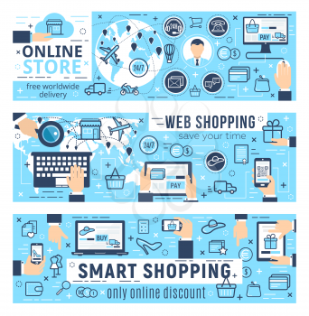 Online store web shopping vector infographics. Buying via internet, analytical statistics tools. Free delivery services, discounts on goods and effective sale strategy, profiles and gadgets icons