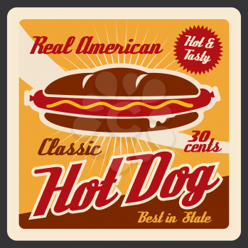 Hot dog, american fast food. Vector roll with sausage, ketchup and mustard, hot and tasty takeaway snack, nutrition fastfood meal on old leaflet. Bun and grilled sausage, hot sandwich