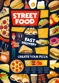 Street food, takeaway menu. Vector fast food delivery by courier. French fries and chips, roast chicken and hamburger, vegetable salad, pizza, juice, cheesecake and ice-cream, donut and kebab