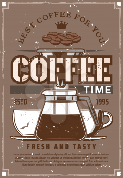 Coffee time, fresh and tasty hot drink in cups and kettle. Vector coffee restaurant or cafeteria, beans and crown, vintage filter coffee machine or espresso maker, moka pot icon
