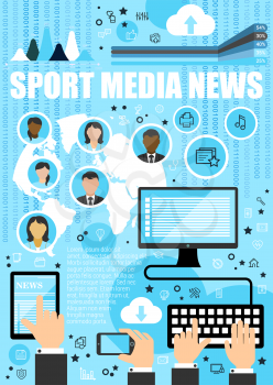 Sport media news. Internet info services with computer and tablet, smartphone and people avatar profiles outline icons. Hands on keyboard and touchscreen vector