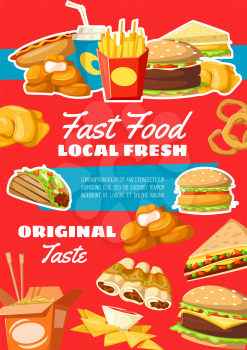 Fast food vector hamburger and cheeseburger, french fries pack and Chinese noodles in box, enchiladas and nuggets, nachos and soda, sandwich and hot dog, onion rings and taco
