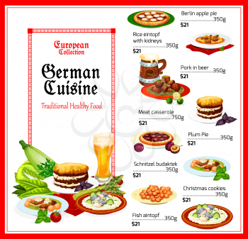 German cuisine menu, vector. Berlin apple and plum pies, rice with kidney and fish eintopf, pork in beer and meat casserole, schnitzel budaktek and Christmas cookies. Traditional German food