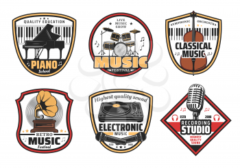 Musical instrumentsvector icons. Piano and drums, violin and gramophone, DJ panel with vinyl disc and microphone. Electronic, retro and classic music festival vector icons and symbols